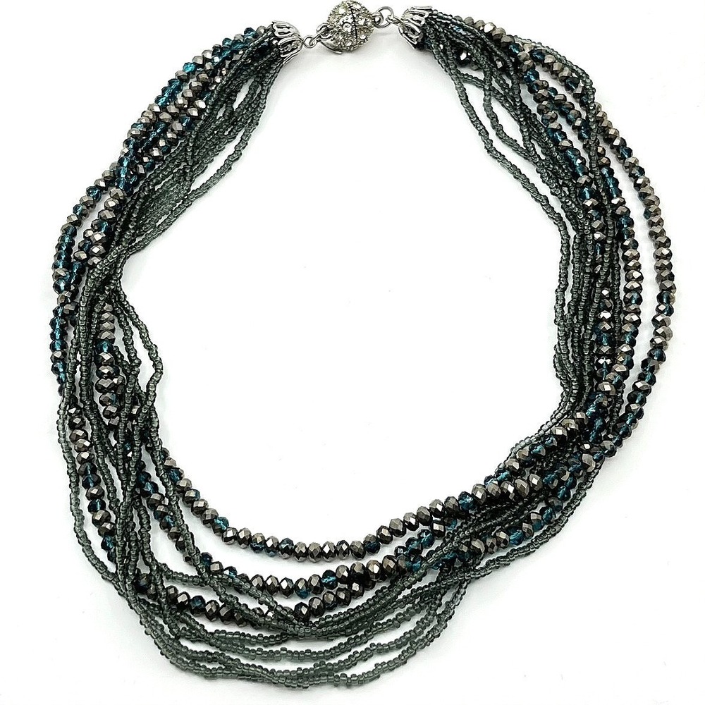 Vintage Teal & Hematite Multi-Strand Beaded Necklace Crystal Magnetic Clasp‎ Y2K